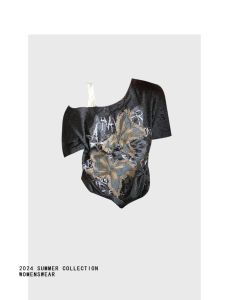 Summer Heavy Work T-Shirt Womens Shoulder Bared Short Sleeve Butterfly Design Cool Sweet American Style Commute Straight Cut