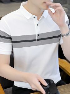 ROMON | Lormen Mens Ice Silk Short Sleeve Polo Shirt Summer Thin Business Casual With Collar T-Shirt Male Fashion Striped Top