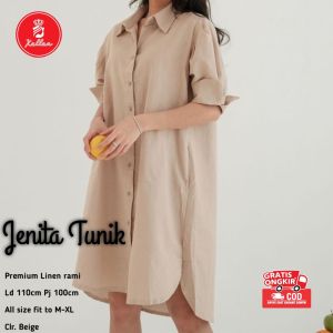 Tunik Wanita Polos Simple Elegan Linen Rami Premium Midi Dress Jenita Tunik Korean Style - XELLEA