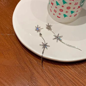 Fashionable Long Silver Snowflake Tassel Earrings: Elegant Minimalist Style Drop Earrings High-End Feelings Luxury Personality