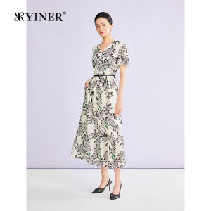 Elegant V-Neck Art Printed Mulberry Silk Waist-Tightening Flared-Sleeve Dress