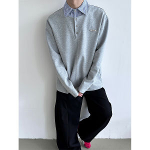 American Retro Loose False Two Pieces Patchwork Stripes T-shirt Mens Autumn All-Matching Turn-down Collar Long Sleeve Polo Shirt Tops Tide