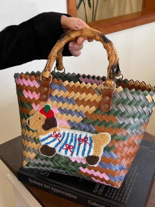 Retro Striped Sausage Dog Basket Bag Womens Handwoven Handheld Fashionable Versatile Tote Bag Casual Simple Style Double Handle