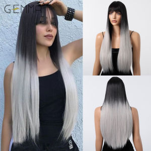 วิกผมตรงยาวสีเทาไล่เฉดสีธรรมชาติสีดำวิกผมคอสเพลย์สังเคราะห์มีผมม้าสำหรับปาร์ตี้ฮาโลวีนทนความร้อน