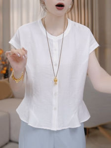 Shalldoer | Fashionable Round Neck Short Sleeve Shirt Womens Slimming Top Multi-Buckle Hemline Casual Style Straight Cut Summer New Arrival