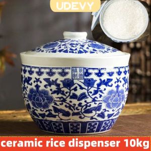 5kg 10 kilos ceramic rice dispenser blue and white  porcelain kitchen canisters jars rice box storage cereal food storage container clay jar with cover