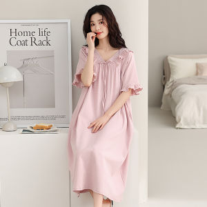Miiow | Pure Cotton Summer Sleep Dress Womens Loose Fit Short Sleeve Cloud Feeling Breathable Dress Ladies Nightgown Home Clothes