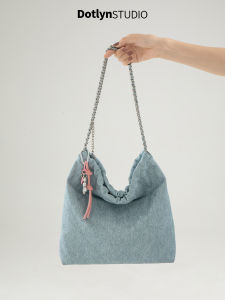 Dotlyn Premium Faux Denim Single Shoulder Tote Bag Retro Large Capacity Commuter Garbage Bag Chain Womens Bag Korean Style