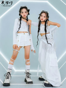 Girl Jazz Costumes Fashionable White Long Sleeves Spaghetti Straps Midriff-Baring Suit Jazz Girl Hip-Hop Trendy Clothes Costume