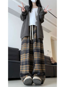 plus Size Womens High Waist Wide Leg Plaid Pants American Retro Design Autumn Winter Long Trousers Pear Shape Body Type