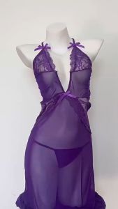 Hormones👙👙ชุดตาข่ายเซ็กซี่ สีม่วง ชุดนอนเซ็กซี่ ลูกไม้เซ็กซี่ ยาว ทรงพอดีตัว เว้าหลัง คอวี ใส่สบาย