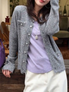 QINGNAER | Elegant Petite Gray Knit Cardigan