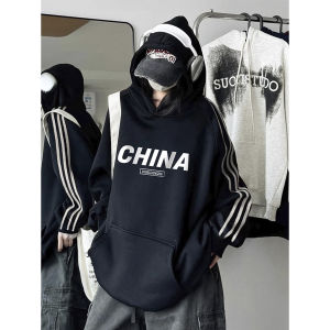 เสื้อฮู้ดคอกลมทรงหลวมสไตล์อเมริกันย้อนยุคสำหรับผู้ชาย ทรงหลวม ผ้าฝ้ายแท้ 3 แถบ คอลเลกชั่นฤดูใบไม้ร่วง/ฤดูหนาว