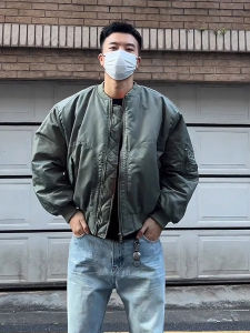 OUMULONG | Army Green Pilot Jacket Men Winter Cotton Coat