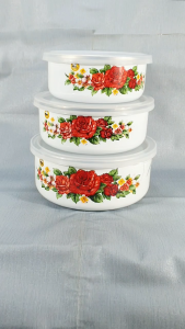 3PCS Lengkap Tutup Mangkuk Klasik Bunga Maspion Mixing Bowl Food COntainer Enamel Putih 14/16/18CM