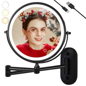 TUSHENGTU ชาร์จติดผนัง LED แต่งหน้ากระจก 8 สองด้าน 10X แว่นขยายกระจกห้องน้ํา 3 สีไฟการสลับ