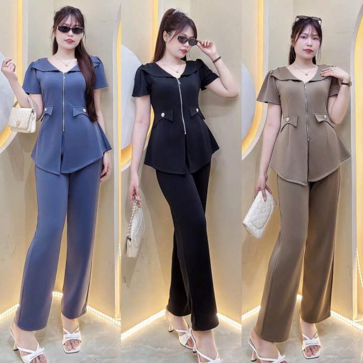 Sét Bộ Thiết Kế (Bigsize Nữ) 50kg-95kg-Bộ cổ Vest dây kéo sang chảnh chất thun poly 2 da mịn mát có co giãn bốn chiều,thoải mái lắm ạ!