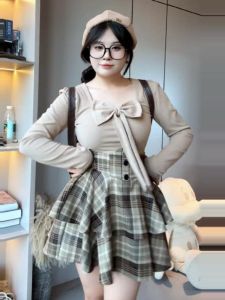 Fashionable plus Size College Style Set for Women Autumn Winter Knitted Sweater with Bow Tie Plaid Fishbone Skirt