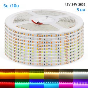 LED Strip 5mm 12V 24V 120 LEDs/m อบอุ่นสีขาวสีเหลืองสีแดงสีเขียวสีฟ้าสีชมพูสีม่วงไม่กันน้ําเทปยืดหยุ่นสําหรับ DIY ตกแต่งห้อง