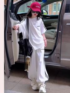 Cute Girl Summer Outfit Set Casual Short Sleeve Two Piece Suit Children Fashionable Top And Long Pants Ensemble for Girls