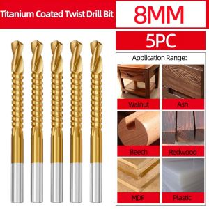 deli | 5pcs HSS Titanium Coated Round Shank Saw Drill Bit Serrated Cutting Twist Drill Household Electric Drill Hole Drilling Tools