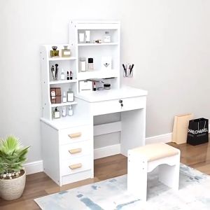 ฟรีสตูล โต๊ะเครื่องแป้งไม้สีขาว 140/120100/80/60 ซม กระจก LED สไตล์เกาหลี เก็บของได้เยอะ ความจุข 1 ดุสเผย