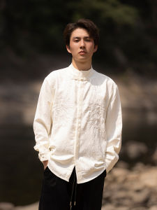 อาคารเดี่ยวเสื้อแขนยาวผู้ชายลําลองหลวม Fit สไตล์จีน Tang เครื่องแต่งกายสําหรับฤดูใบไม้ร่วงล้าง Crafted ปุ่ม Trim