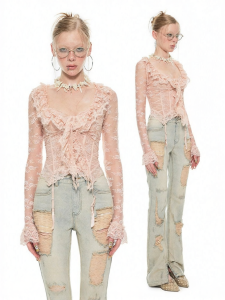 Lazy Style Hazy Fitting Lace Edged Short Stretc Comfortable Figure Flattering Top