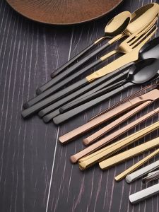 4PCS Metal Flatware Stainless Steel Steak Knife Fork Dinner Tea Spoon SetGold Plated Cutlery Set