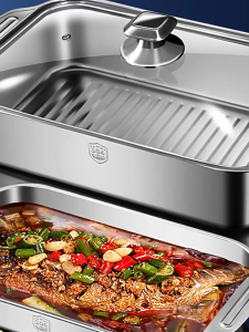 Stainless steel grilled fish dish with double ears and heat-resistant flat bottom with lid