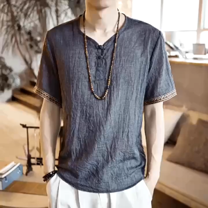 100% Cotton Linen T-shirt Men Summer Loose Short Sleeved Shirt Bohemian Style Retro Cotton T-shirt