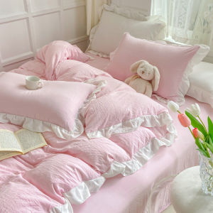 Korean Style Young Adult Heart Lace Soft Glutinous Washed Cotton Bed Four-Piece Set Bed Sheet Quilt Cover Dormitory Single 3 PCs Set Fitted Sheet