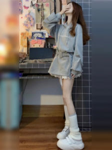 Gray Hooded Sweatshirt Dress College Style Korean Short Skirt Womens Fashion Autumn Winter New Arrival Cotton Polyester Blend