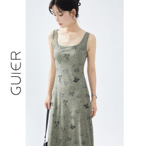 Váy Vest Bướm Kiểu Pháp Ôm Vừa Vặn Mùa Hè Cho Nữ Của Guier Váy Midi Cổ Chữ a Không Tay Họa Tiết Bướm