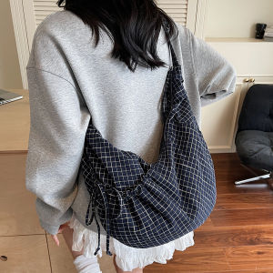 Korean Ins Lazy Style Cow Horn Bag Large Capacity Canvas Bag Pleated Plaid Commuting Shoulder Crossbody Bag for Women