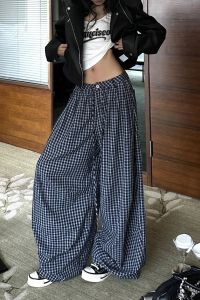 Quần Ống Rộng Kẻ Caro Phong Cách Mỹ Cổ Điển Cho Nữ Đầu Thu 2025 Quần Dài Ống Rộng Thường Ngày Thoải Mái Rộng Rãi