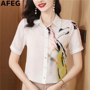 AFEG Korean version shirt collar fashion loose temperament printed chiffon short sleeve blouse for women