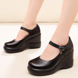 Casual Leather Womens Shoes Comfortable High Heels Waterproof Slip-Resistant Soft Bottom Single Shoes Fashionable Belt Decor