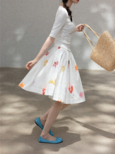 Cantonstory | French White Floral Flared Skirt Female Slimming
