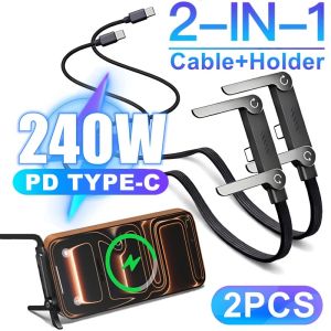 HOT 1.5M 90°Ellow 240W Fast Charging Cable With Phone Holder Stand Bracket for Gaming Video For iPhone 17 16 15 Pro Macbook Samsung Huawei Xiaomi