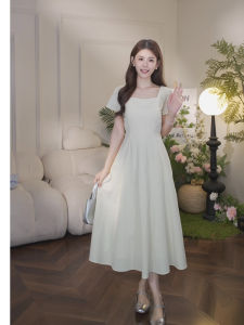 Elegant French Collar A-Line Dress Womens Yellow Waist-Cinching Slimming Summer New Style Zhang Gingerale High Waist Long Dress