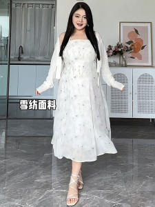 ชุดเดรสยาวแขนยาวสองชิ้นสไตล์วินเทจสไตล์ฝรั่งเศสสำหรับผู้หญิงไซส์ใหญ่ในช่วงฤดูร้อน ชุดเดรสยาวทรงเอเข้ารูปสำหรับวันหยุด