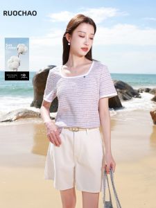3COLOUR·S | Plus Size Elegant Purple Textured Square Neck T-Shirt