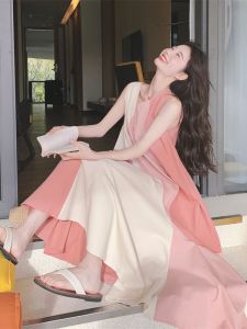 Pink Art Student Lazy Vacation Style Sleeveless Vest Dress Women Summer 2024 New High Waist A-Line Midi Skirt Casual Style