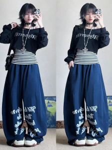 American Hip Hop Letter Print Sports Pants Womens Spring Autumn Street Jazz Dance Wide Leg Casual Sweatpants