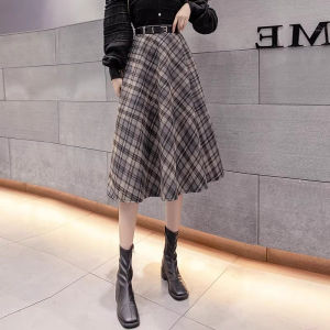 Elegant High Waist Slimming A-Line Houndstooth Wool Skirt