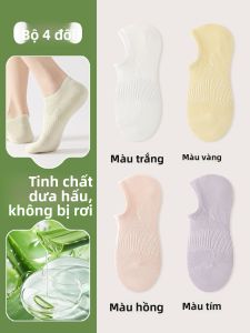 JINGCHI | Tất thuyền cotton nguyên chất chống trượt mỏng thoáng khí lưới không gian mùa hè cho nữ Tất thuyền vô hình Aloe Vera Tất ngắn