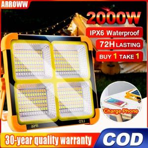 2000W Solar portable emergency light Solar Flashlight Rechargeable Outdoor Waterproof Camping LED Flood Light Four types of lamps It can charge mobile phones Solar Emergency Light
