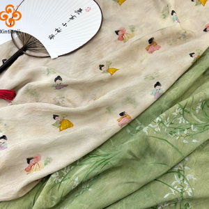ผ้า Tencel Ramie พิมพ์ลายสไตล์จีนย้อนยุคสำหรับชุดฤดูร้อนแบบบาง DIY ชุดกี่เพ้า Hanfu สำหรับผู้หญิง ขนาด 50x150 ซม.