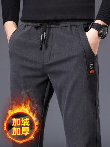 Mens Fleece Lined Thickened Elastic Sports Pants Straight Leg Casual Trousers Winter Fashion Brand Grey Breathable Cotton Polyester Blend
